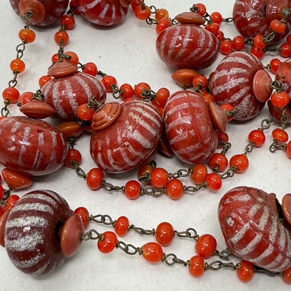 Jewelry - Art Deco Red Glass Bead‎ Flapper Necklace Striped Barrel Lampwork Boho Statement
